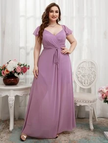 SHEIN Belle Vestido de dama de honor unicolor con abertura fruncido ribete con fruncido con cinturón - Morado - Ver 3