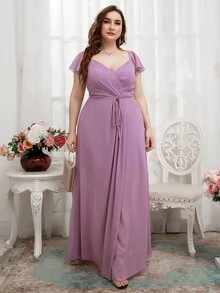 SHEIN Belle Vestido de dama de honor unicolor con abertura fruncido ribete con fruncido con cinturón - Morado - Ver 4