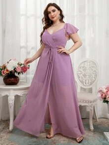 SHEIN Belle Vestido de dama de honor unicolor con abertura fruncido ribete con fruncido con cinturón - Morado - Ver 7