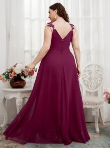 SHEIN Belle Plus Ruched Guipure Lace Ruffle Trim Bridesmaid Dress - Red Violet - View 2