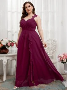 SHEIN Belle Plus Ruched Guipure Lace Ruffle Trim Bridesmaid Dress - Red Violet - View 5