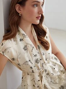 MOTF X KANDINSKY INSPIRED 100% SILK PRINTED BELTED TOP - Beige - View 5