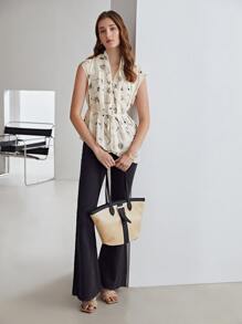 MOTF X KANDINSKY INSPIRED 100% SILK PRINTED BELTED TOP - Beige - View 10