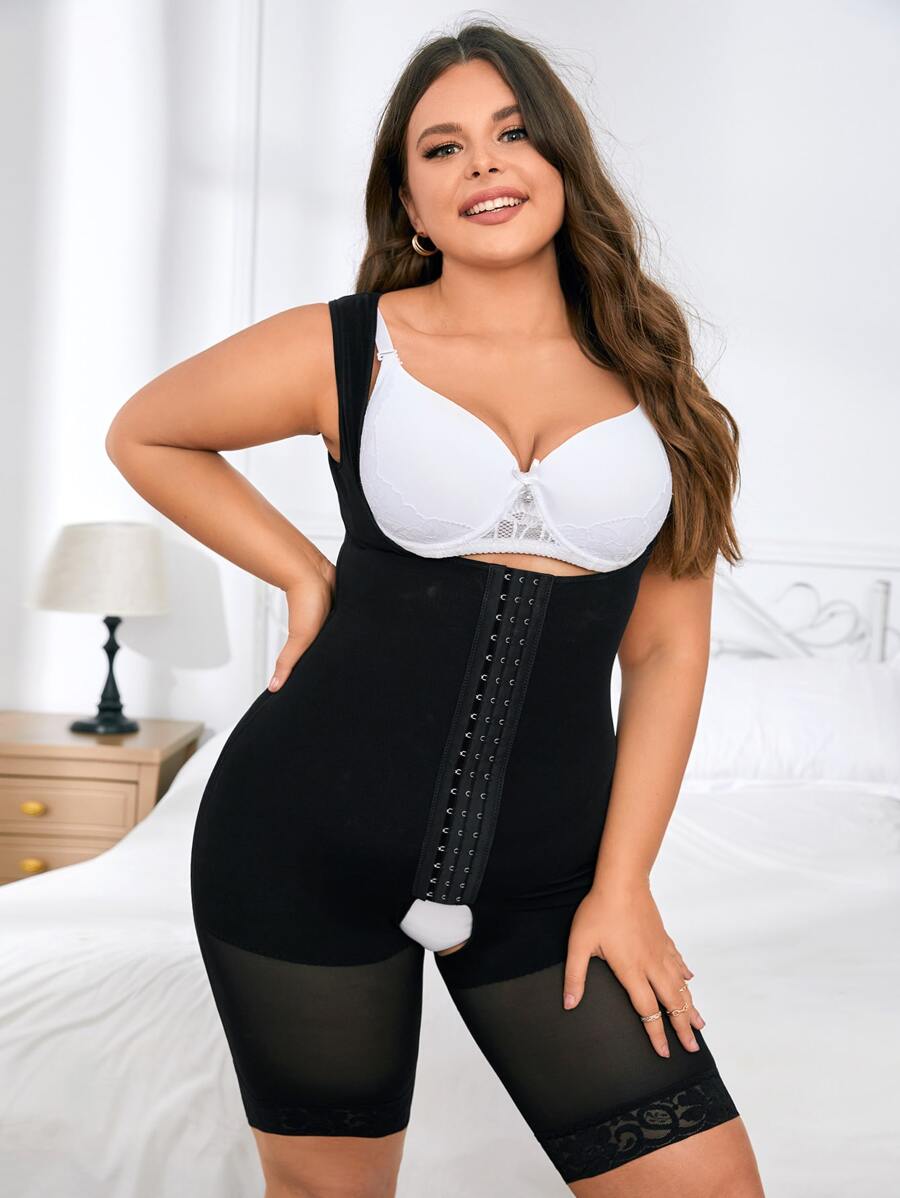 Plus Hook And Eye Shapewear Unitard Romper không có bộ đồ lót - màu đen - Xem 1
