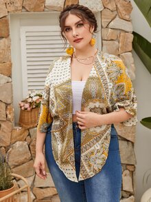 Mulvari Plus Scarf Print Batwing Sleeve Knot Front Top - Multicolor - View 5