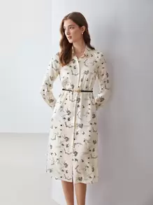 MOTF X KANDINSKY INSPIRED 100%真絲圖案連衣裙不附腰帶 - 米色 - 查看 4