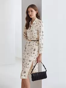 MOTF X KANDINSKY INSPIRED 100%真絲圖案連衣裙不附腰帶 - 米色 - 查看 10