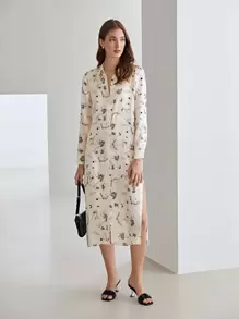 MOTF X KANDINSKY INSPIRED 100%真絲圖案連衣裙不附腰帶 - 米色 - 查看 11