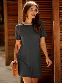 SHEIN LUNE Solid Roll Up Sleeve Tee Dress - Dark Grey - View 1