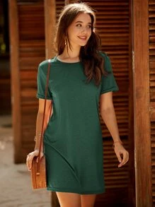 SHEIN LUNE 素色捲邊袖T恤連衣裙 - 綠色 - 查看 1