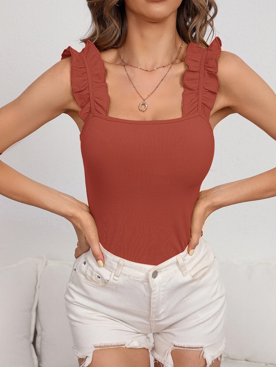 SHEIN Frenchy Ribbed Knit Ruffle Trim Cami Top - Red - View 1