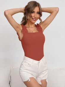 SHEIN Frenchy Ribbed Knit Ruffle Trim Cami Top - Red - View 3