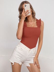 SHEIN Frenchy Ribbed Knit Ruffle Trim Cami Top - Red - View 4