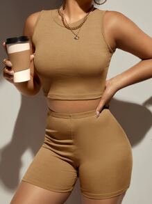 SHEIN SXY Crew Neck Tank Top With Cycling Shorts - Khaki - View 1