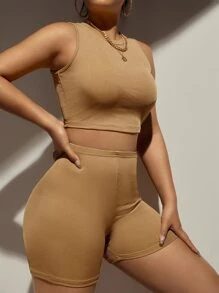 SHEIN SXY Crew Neck Tank Top With Cycling Shorts - Khaki - View 4