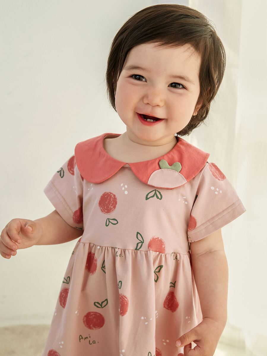 小女童彼得潘領貼布細節圖案印花連衣裙 - 彩色 - 查看 1