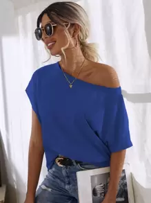 SHEIN LUNE Batwing Sleeve Solid Tee - Blue - View 1