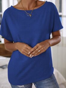 SHEIN LUNE Batwing Sleeve Solid Tee - Blue - View 3