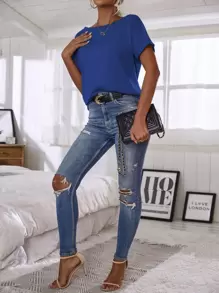 SHEIN LUNE Batwing Sleeve Solid Tee - Blue - View 4