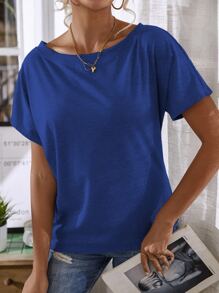 SHEIN LUNE Batwing Sleeve Solid Tee - Blue - View 5