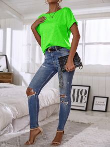 EMERY ROSE Neon Lime Batwing Sleeve Solid Tee - Lime Green - View 4