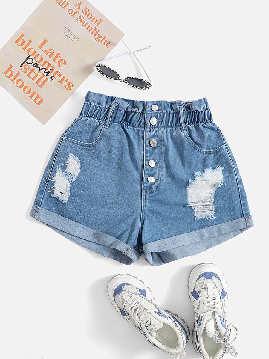 SHEIN EZwear Paperbag Waist Ripped Roll Hem Denim Shorts - Light Wash - View 1