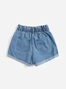 SHEIN EZwear Paperbag Waist Ripped Roll Hem Denim Shorts - Light Wash - View 2