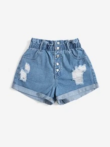 SHEIN EZwear Paperbag Waist Ripped Roll Hem Denim Shorts - Light Wash - View 3