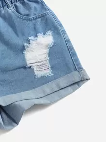 SHEIN EZwear Paperbag Waist Ripped Roll Hem Denim Shorts - Light Wash - View 5