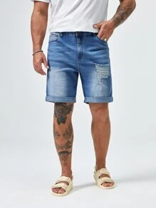 GENTILAND Men Plus Ripped Frayed Roll Hem Bleach Wash Bermuda Denim Shorts - Light Wash - View 1