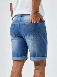GENTILAND Men Plus Ripped Frayed Roll Hem Bleach Wash Bermuda Denim Shorts - Light Wash - View 2
