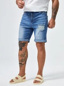 GENTILAND Men Plus Ripped Frayed Roll Hem Bleach Wash Bermuda Denim Shorts - Light Wash - View 3