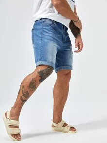 GENTILAND Men Plus Ripped Frayed Roll Hem Bleach Wash Bermuda Denim Shorts - Light Wash - View 4