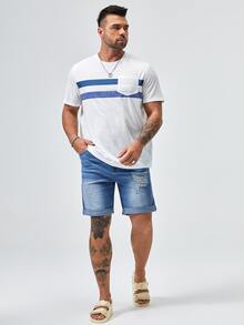 GENTILAND Men Plus Ripped Frayed Roll Hem Bleach Wash Bermuda Denim Shorts - Light Wash - View 5