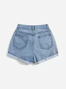 SHEIN EZwear 破洞抽鬚反摺褲腳牛仔短褲 - 淺色水洗藍 - 查看 2