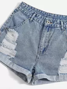 SHEIN EZwear 破洞抽鬚反摺褲腳牛仔短褲 - 淺色水洗藍 - 查看 4