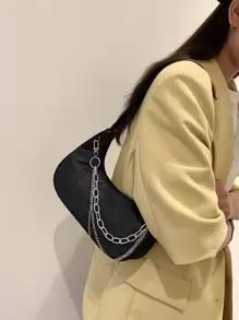 Túi đeo vai nữ thời trang có dây xích, Túi đeo vai hình lưỡi liềm, Túi xách nữ phong cách Punk, Ví nữ trang trí bằng dây xích kim loại - màu đen - Xem 6