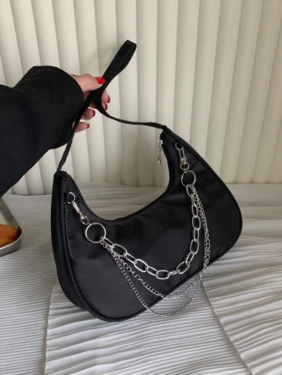 Bolso de hombro de mujer con cadena de moda, bolso de hombro en forma de media luna, bolso de mujer estilo punk, bolso de mujer con decoración de cadena de metal