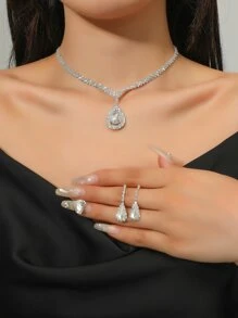 水鑽水滴裝飾耳環和項鏈 - 銀色 - 查看 1