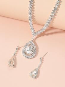 水鑽水滴裝飾耳環和項鏈 - 銀色 - 查看 2