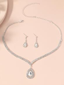 水鑽水滴裝飾耳環和項鏈 - 銀色 - 查看 4