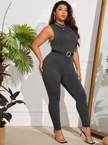 SHEIN SXY Plus Mock Neck Unitard Jumpsuit Without Belt - Dark Grey - View 3