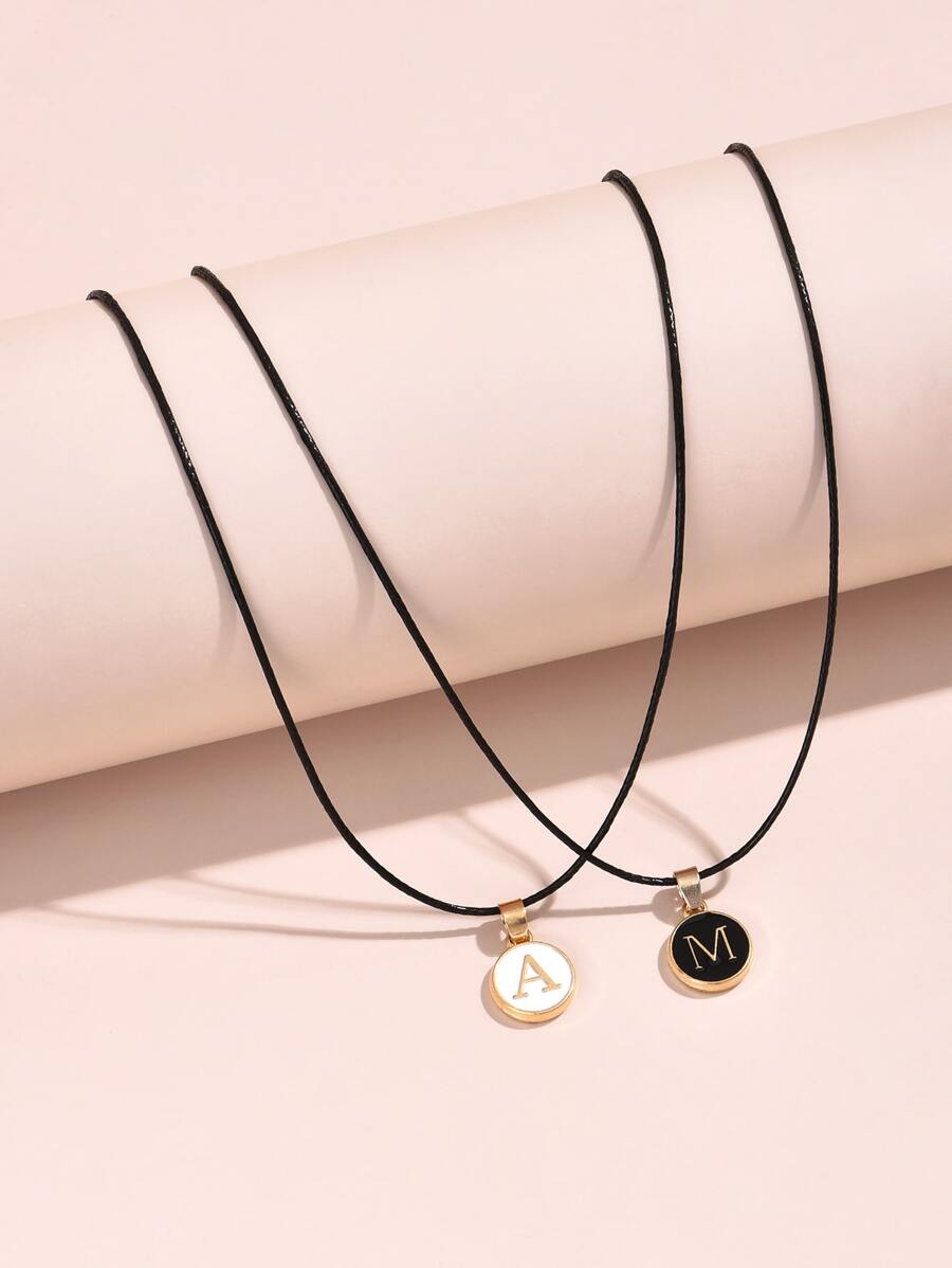 2pcs Couple Letter Detail Round Charm Necklace - Multicolor - View 1