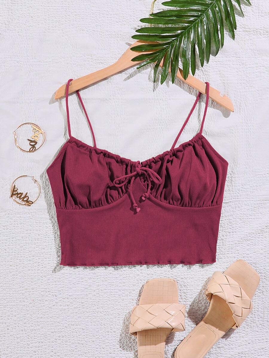 SHEIN Unity Top de tirantes con cordón delantero pecho con fruncido - Granate - Ver 1