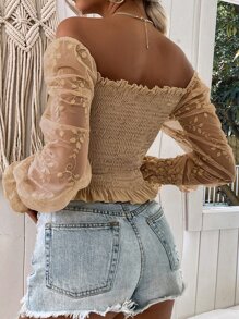 SHEIN VCAY Top de hombros descubiertos con bordado de malla de manga con cordón con fruncido - Albaricoque - Ver 2