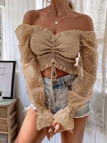 SHEIN VCAY Top de hombros descubiertos con bordado de malla de manga con cordón con fruncido - Albaricoque - Ver 3