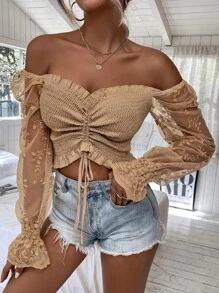 SHEIN VCAY Top de hombros descubiertos con bordado de malla de manga con cordón con fruncido - Albaricoque - Ver 7