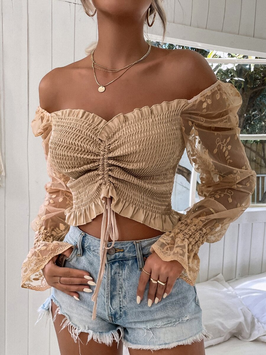 SHEIN VCAY Top de hombros descubiertos con bordado de malla de manga con cordón con fruncido - Albaricoque - Ver 1