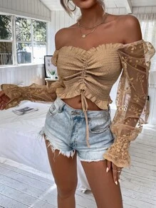 SHEIN VCAY Top de hombros descubiertos con bordado de malla de manga con cordón con fruncido - Albaricoque - Ver 6