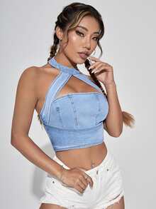Top en mezclilla con abertura de espalda abierta halter - Lavado ligero - Ver 4